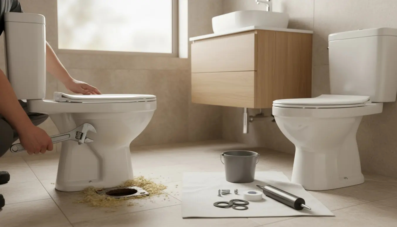 Montering af nyt toilet, håndvask og toiletskab i badeværelse med værktøj og en håndværker uden synligt ansigt.