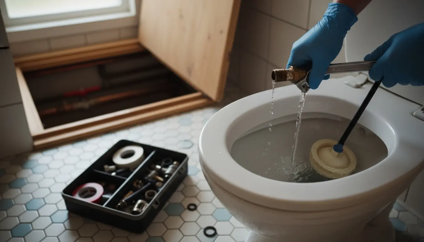 Åbent toilettank med løbende vand, afmonteret rusten afspærringsventil og værktøj på badeværelsesgulvet.