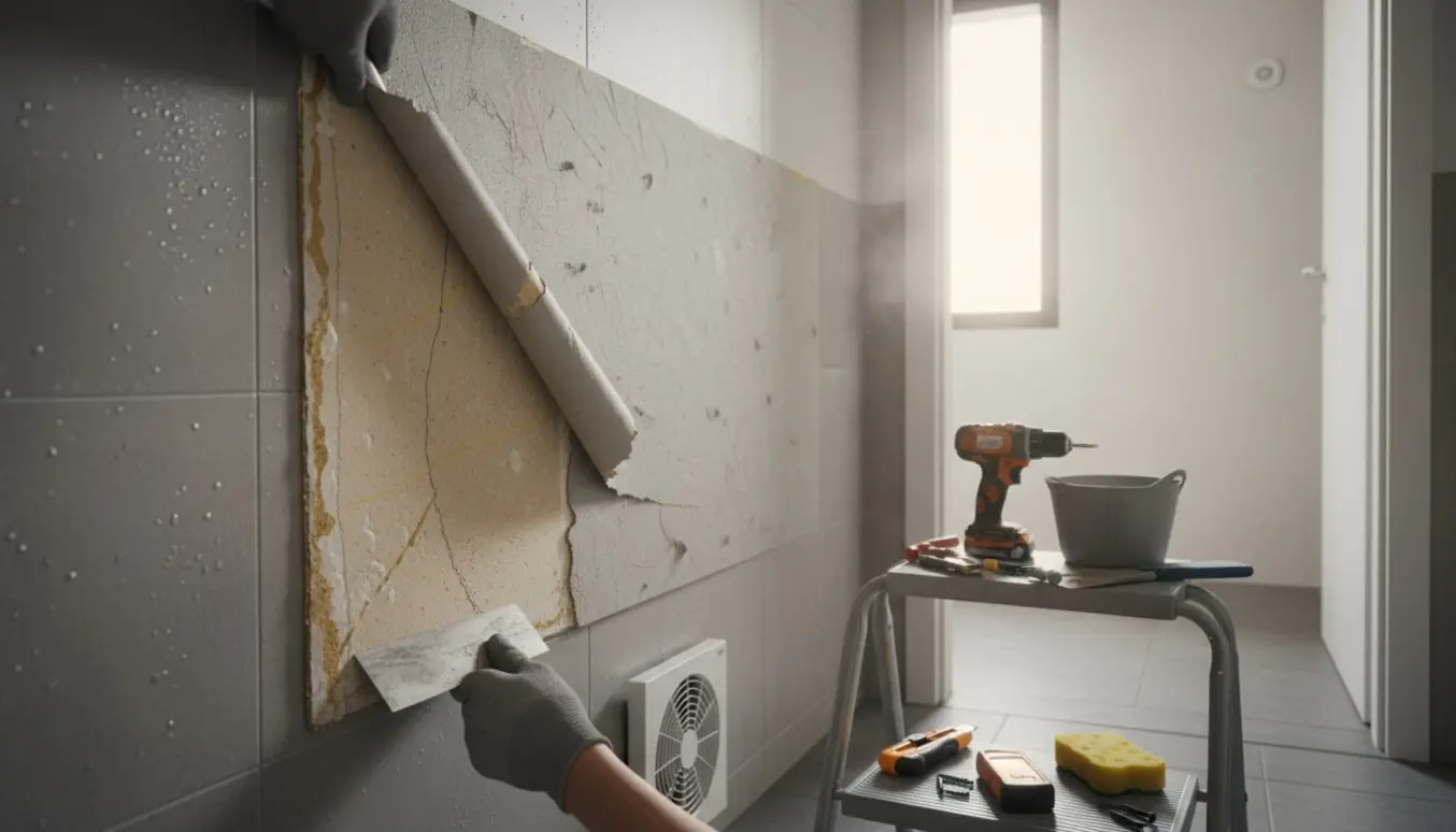 Nærbillede af handsker, der fjerner en løs gipsplade med revnet microcement i et vinduesløst, fugtigt badeværelse.