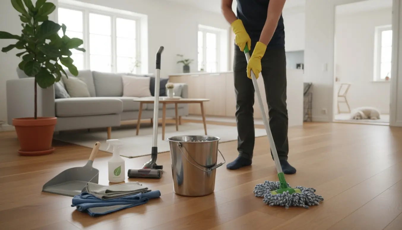 Rengøringsperson set bagfra mopper trægulv i en lys, moderne stue med rengøringsudstyr og en lille hvid hund i et tilstødende rum.