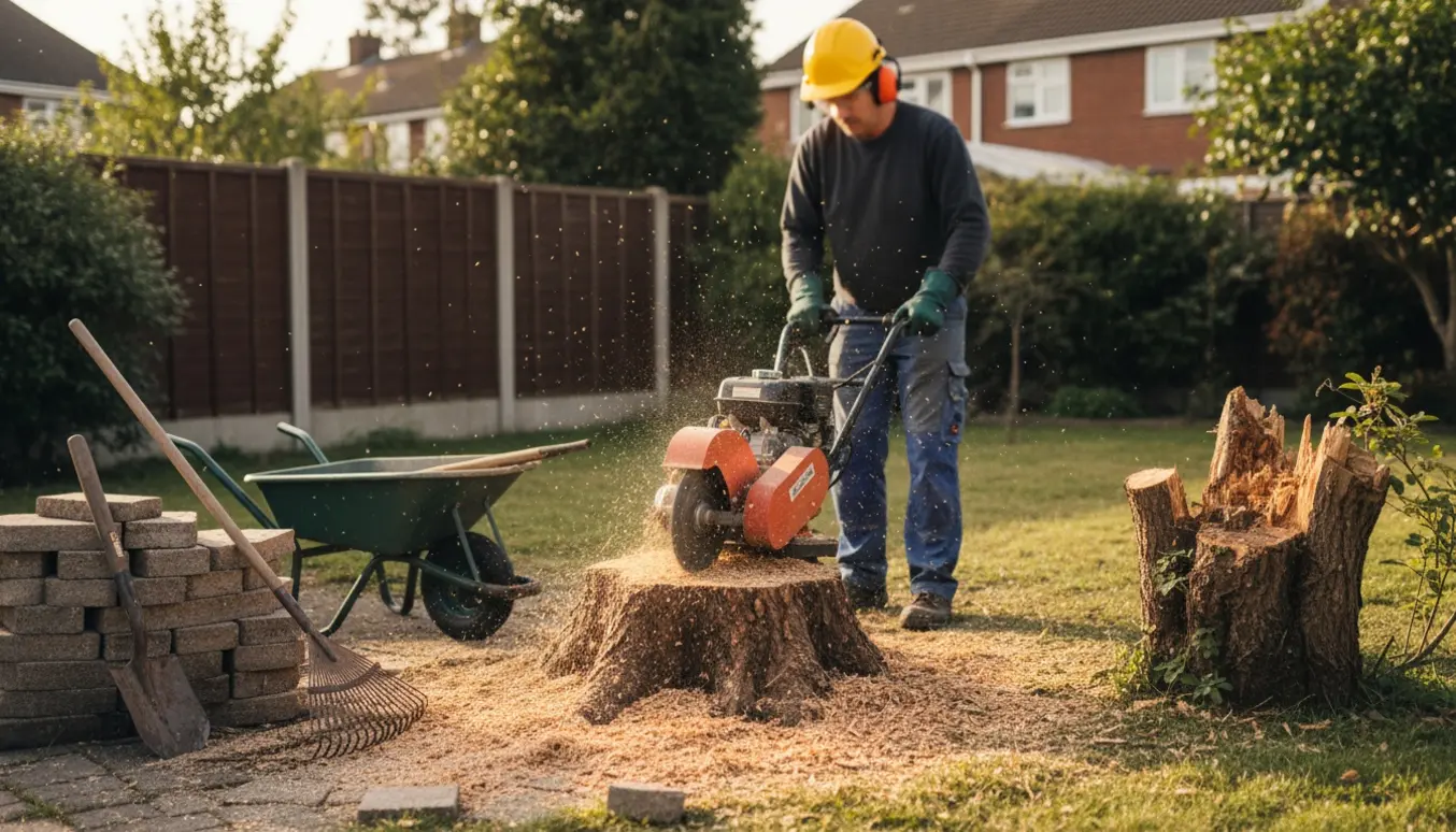 Stubfræsning i have med en maskine, løse fliser stablet til siden og træflis ved siden af.
