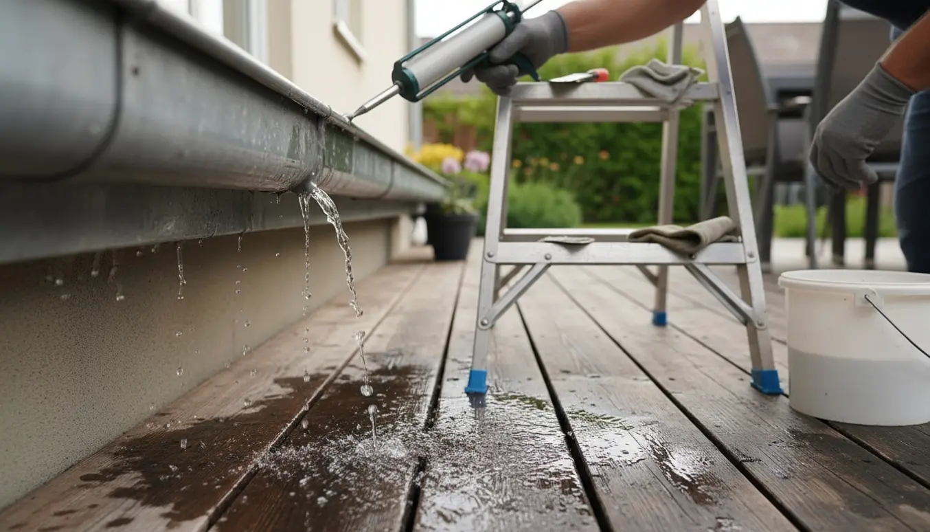 Nærbillede af en utæt tagrende med vand, der drypper ned på en våd terrasse, mens en hånd påfører tætningsmasse.
