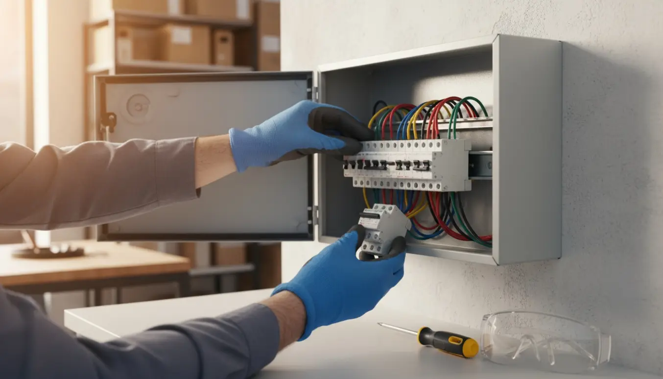 Hænder i isolerede handsker skifter en automatsikring i en åben el-tavle i en butiks baglokale.