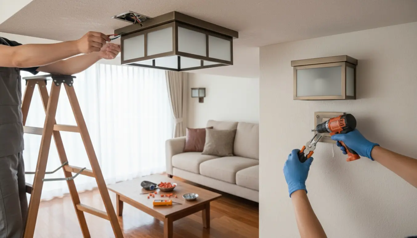 Installation af en loftslampe og en væglampe ved en sofa med værktøj og hænder i arbejde.