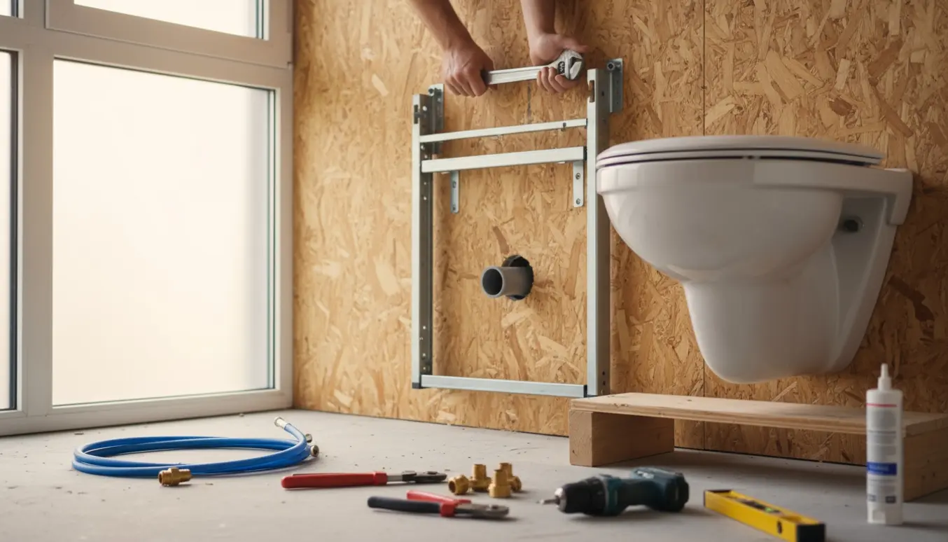 Håndværker monterer indbygningscisterne og væghængt toiletskål på en OSB-væg med værktøj og tilslutningsrør klar.