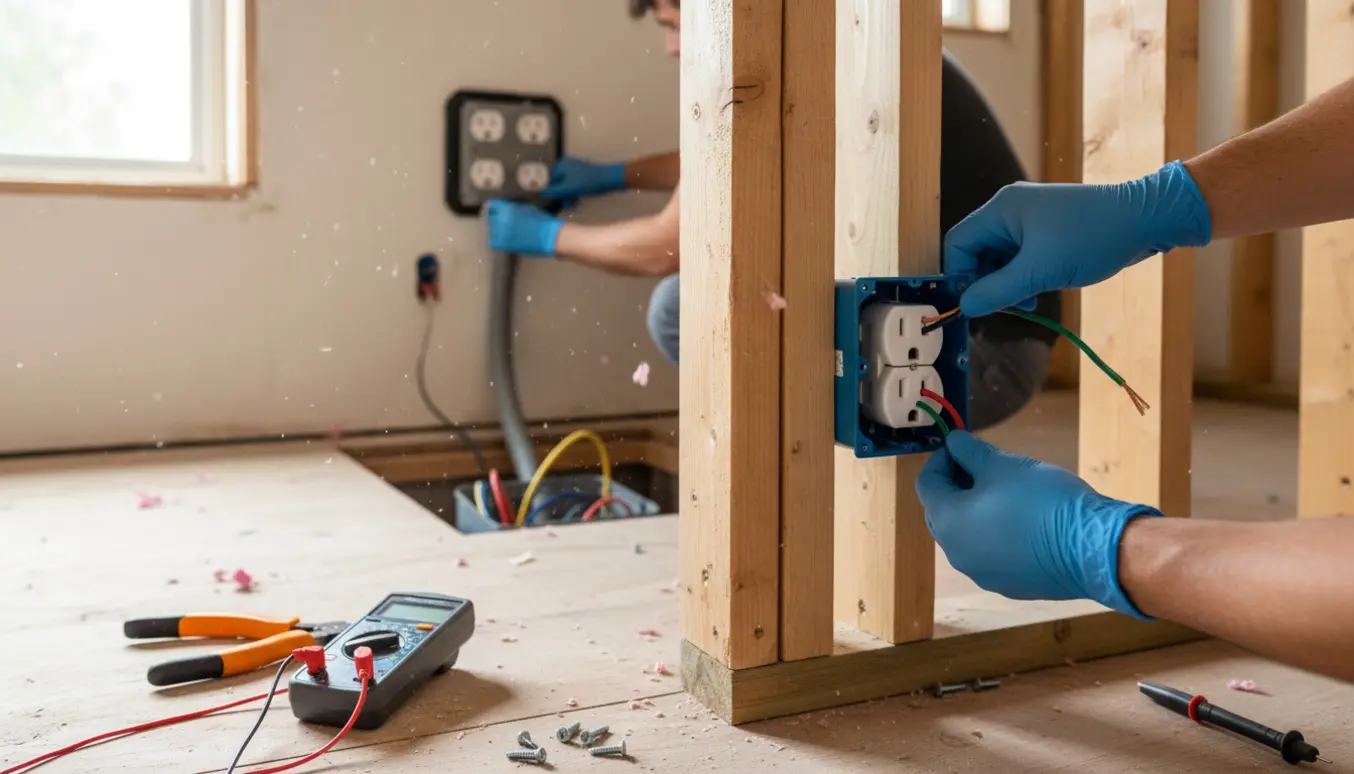 Hands monterer dobbelte stikkontakter i et soveværelse under renovering, mens en udendørs tredobbelt stikkontakt monteres ved køkkenvæggen.