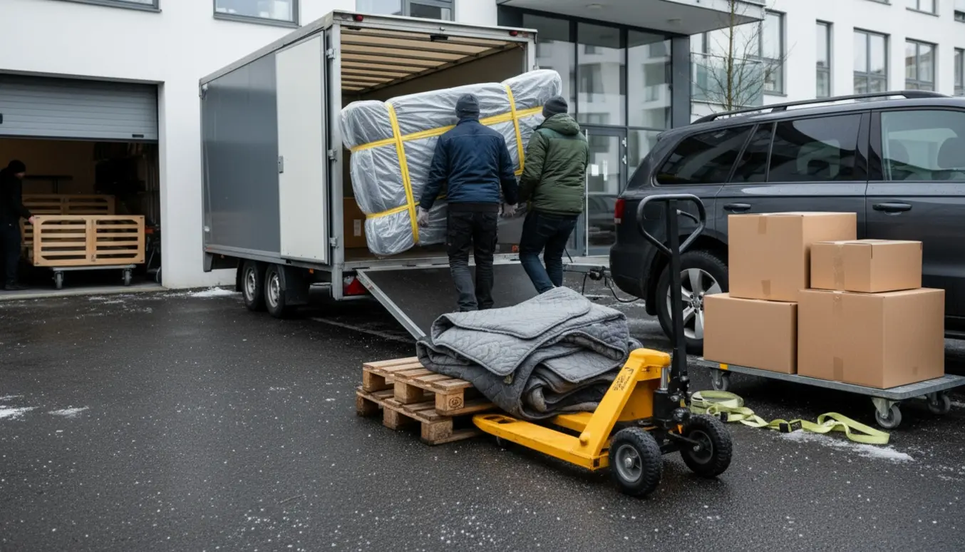 Flyttefolk bærer en indpakket madras ned ad ti trapper mod en bil og lukket trailer med sækkevogn og palleløfter i nærheden.
