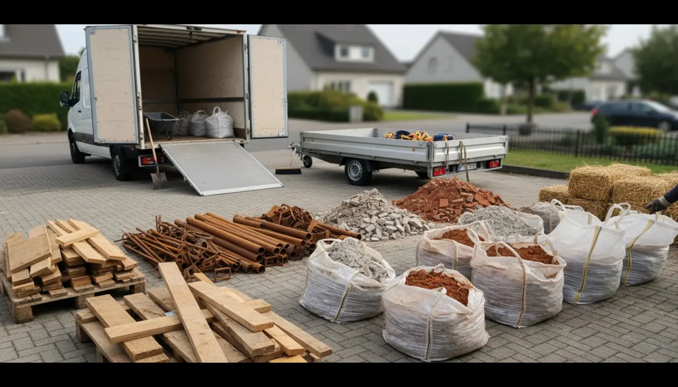 Sorteret byggeaffald i bunker og poser ved en åben kassevogn klar til afhentning.