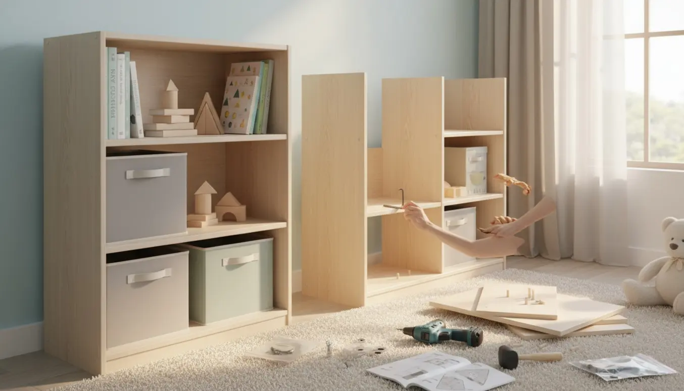 To små bogreoler til et børneværelse under samling, hænder strammer en skrue med en unbrakonøgle.