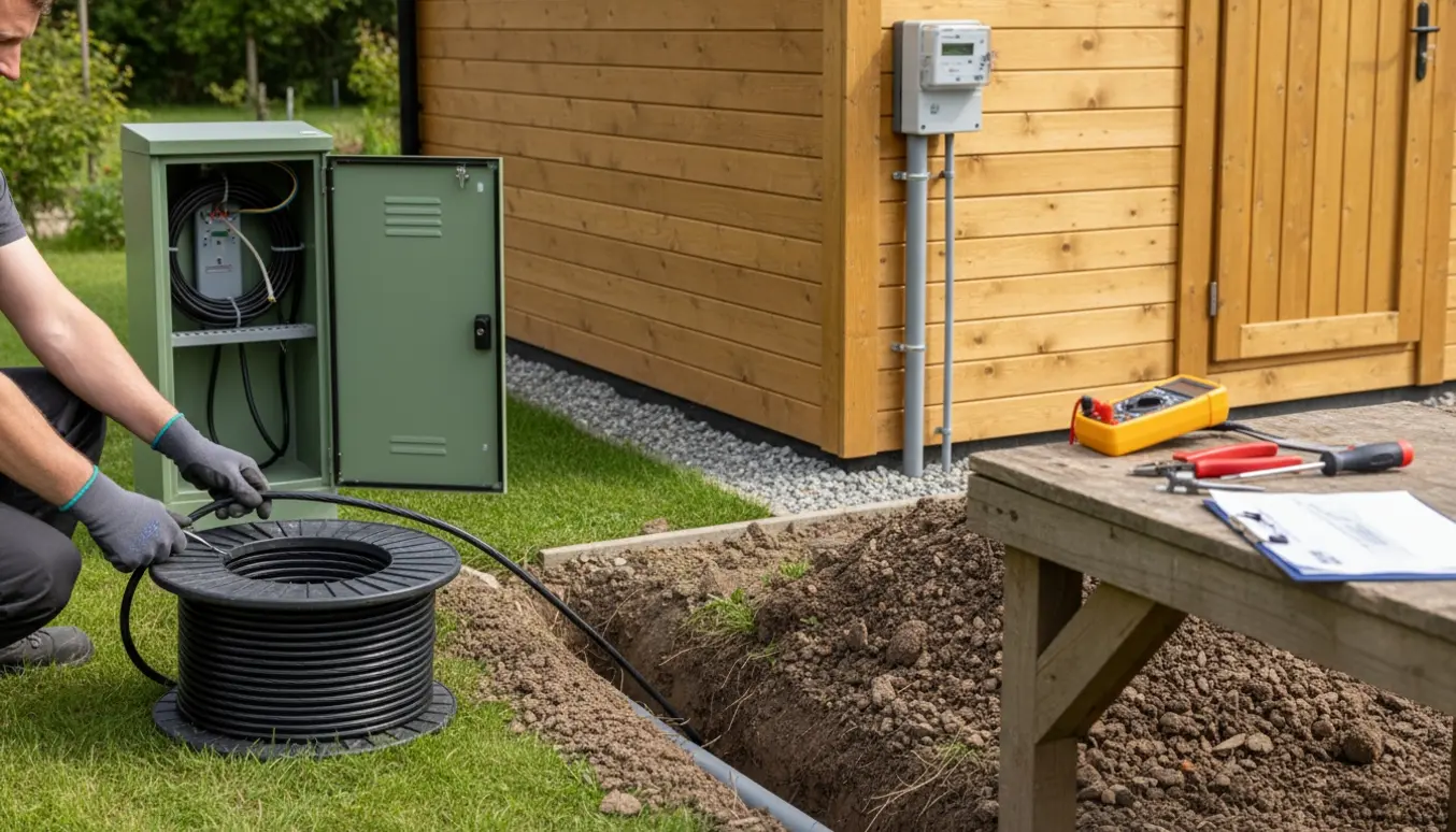 Elektriker trækker elkabel fra et udendørs elskab til et lille kolonihavehus med værktøj og sløret tilladelse i baggrunden.