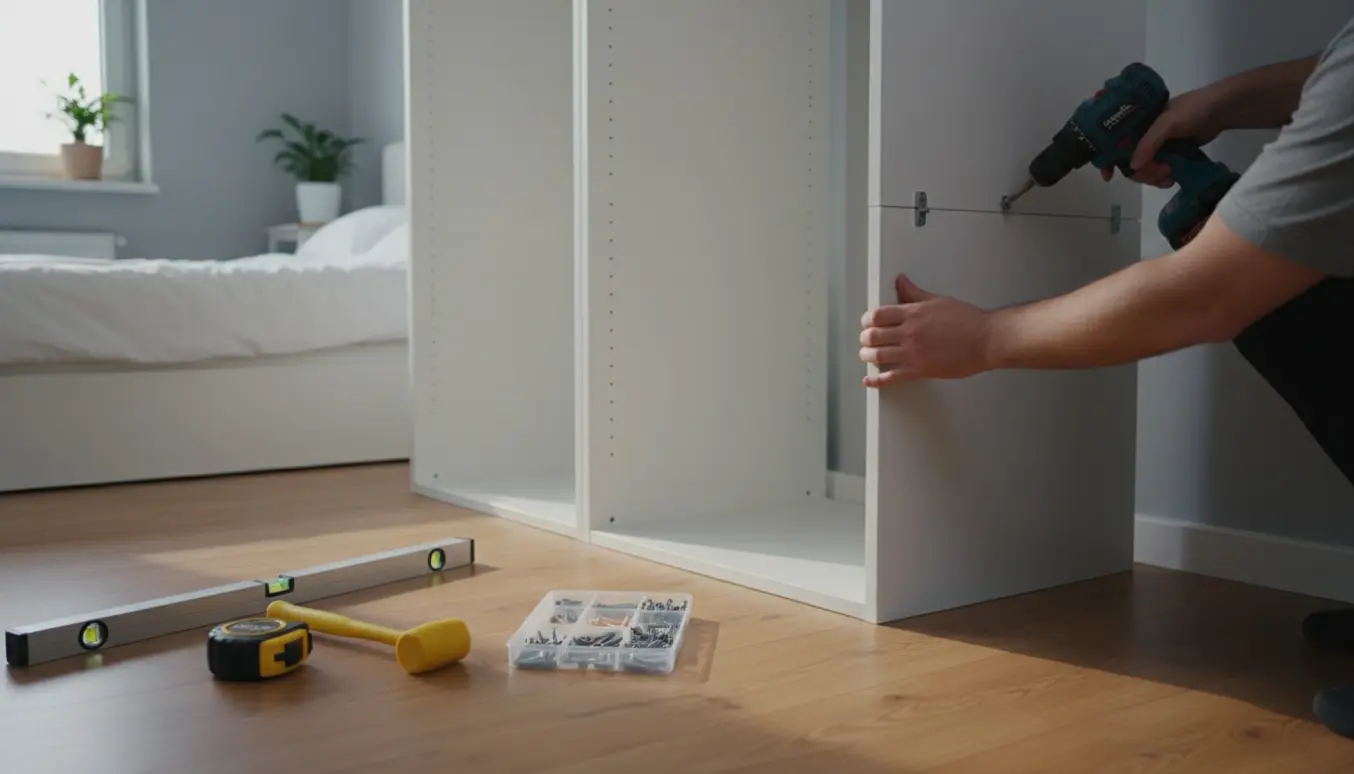 Delvist samlet hvidt PAX-garderobeskab i et lyst soveværelse med værktøj og paneler.