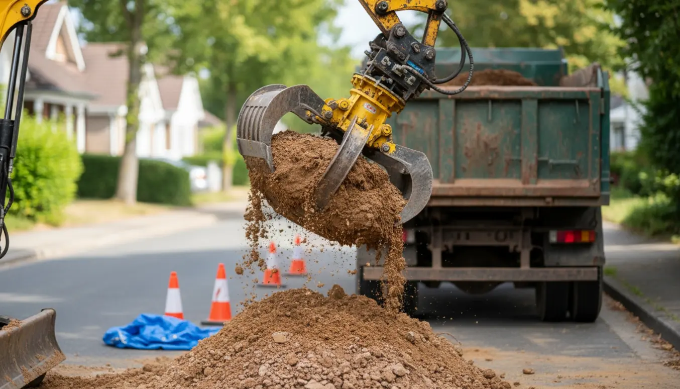 Hydraulisk grab løfter lerholdigt sand fra en vejkant og læsser det i en tiptruck.