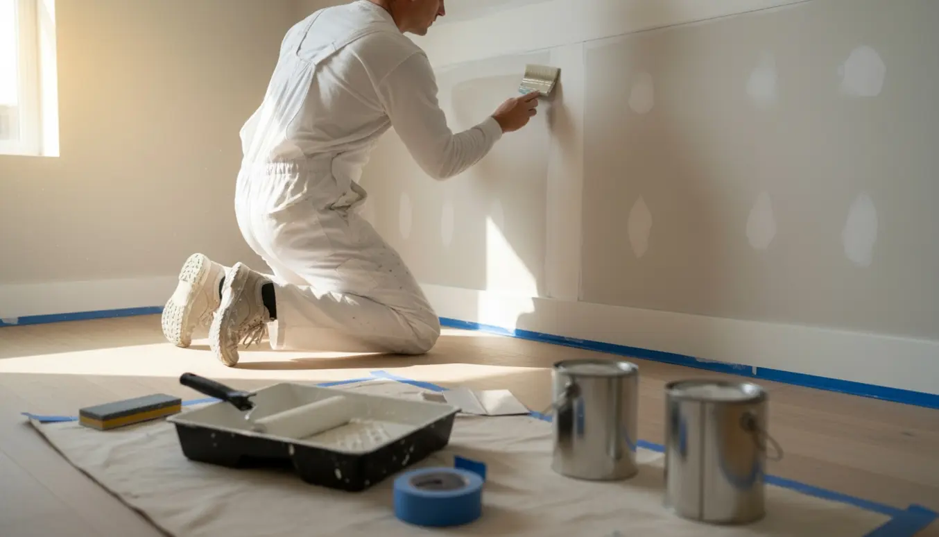 Nærbillede af finisharbejde i et nybyg: pletmaling og filning af et hjørne med pensel og spartel.