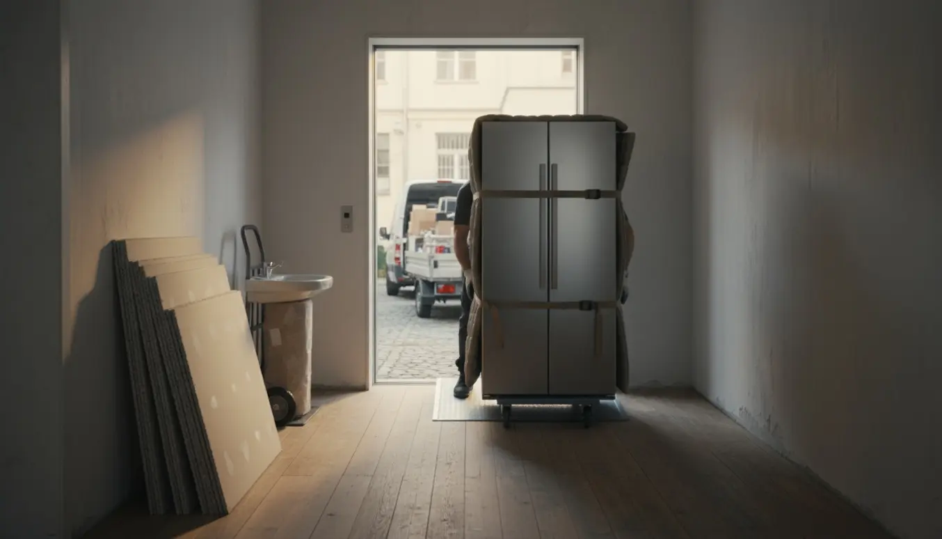 Flyttere trækker et køleskab på en tralle i en bygning med en stak gipsplader og en indpakket vask klar til afhentning.