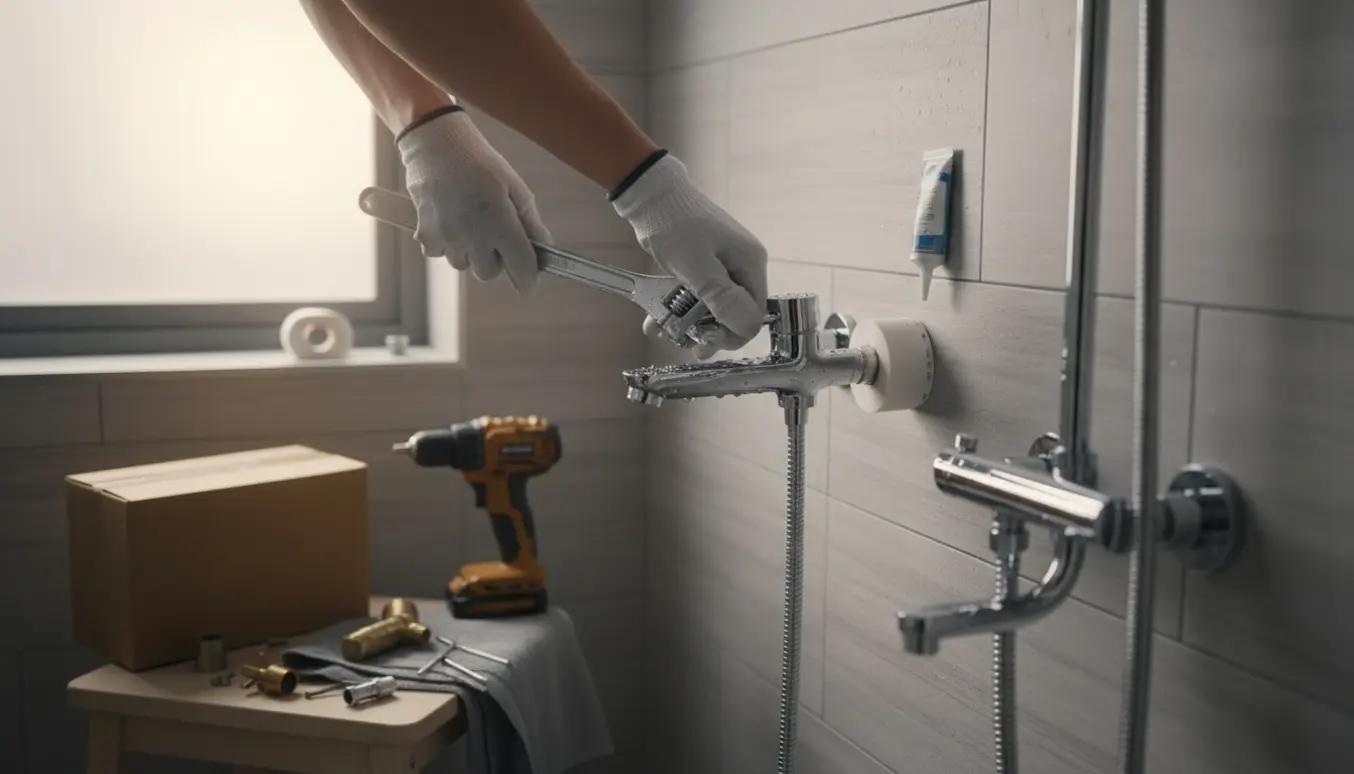 Montering af nyt krom brusebatteri og brusestang i et moderne flisebadeværelse med værktøj.