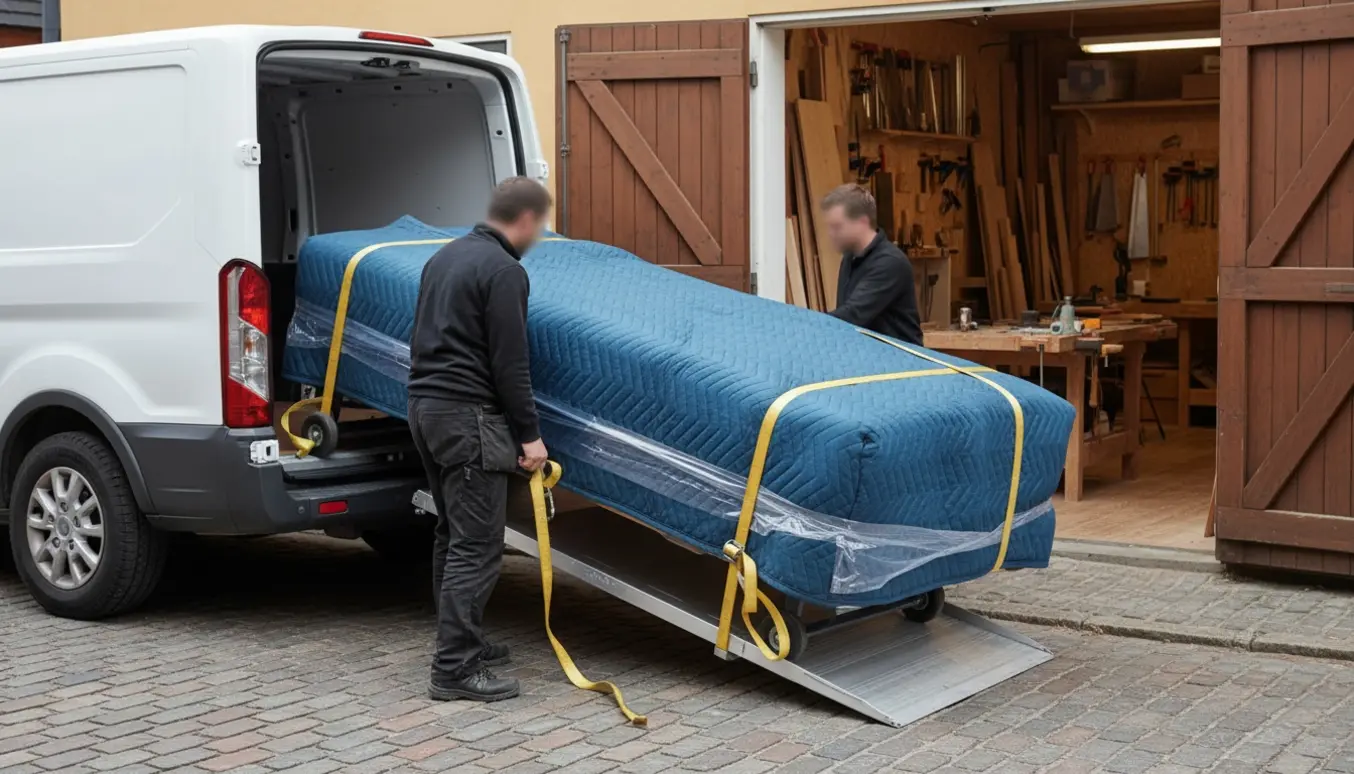 To flyttemænd løfter en indpakket 140x200 cm seng ind i en varevogn uden synlige ansigter.