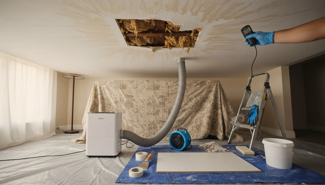 Lille udskåret område i et gipsloft med affugter og værktøj klar til udbedring af vandskade.