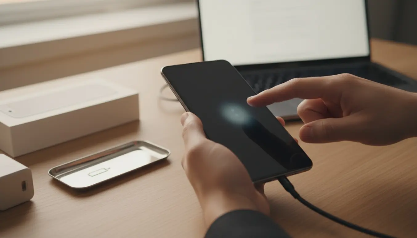 Nærbillede af en moderne smartphone tilsluttet med kabel, skærmen delvist mørk og en finger hæver sig for at indtaste koden under opsætning.
