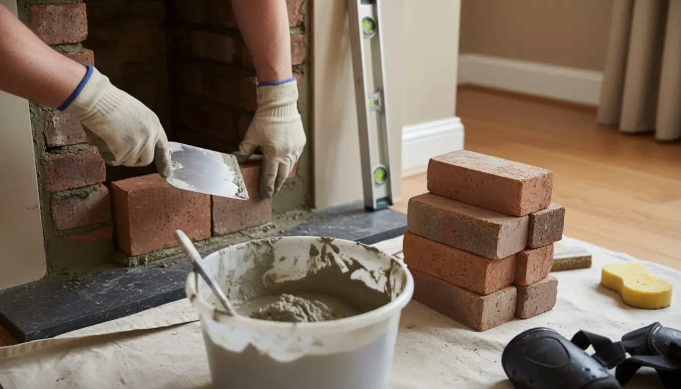 Hænder murer en åbning i væggen efter fjernelse af brændeovn med mursten og mørtel.