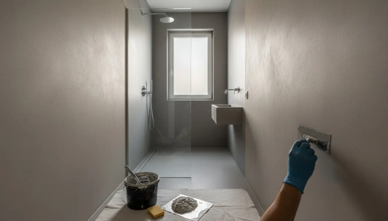 Smalt badeværelse med sammenhængende microcement i to gråtoner, håndværker glatter overfladen med en spartel.