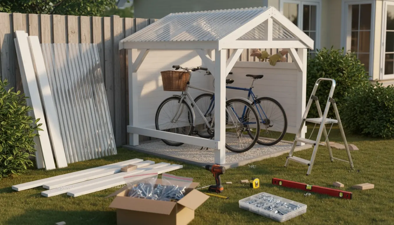Lille hvid cykeloverdækning med gennemsigtigt plasttag, værktøj og materialer i en baghave.