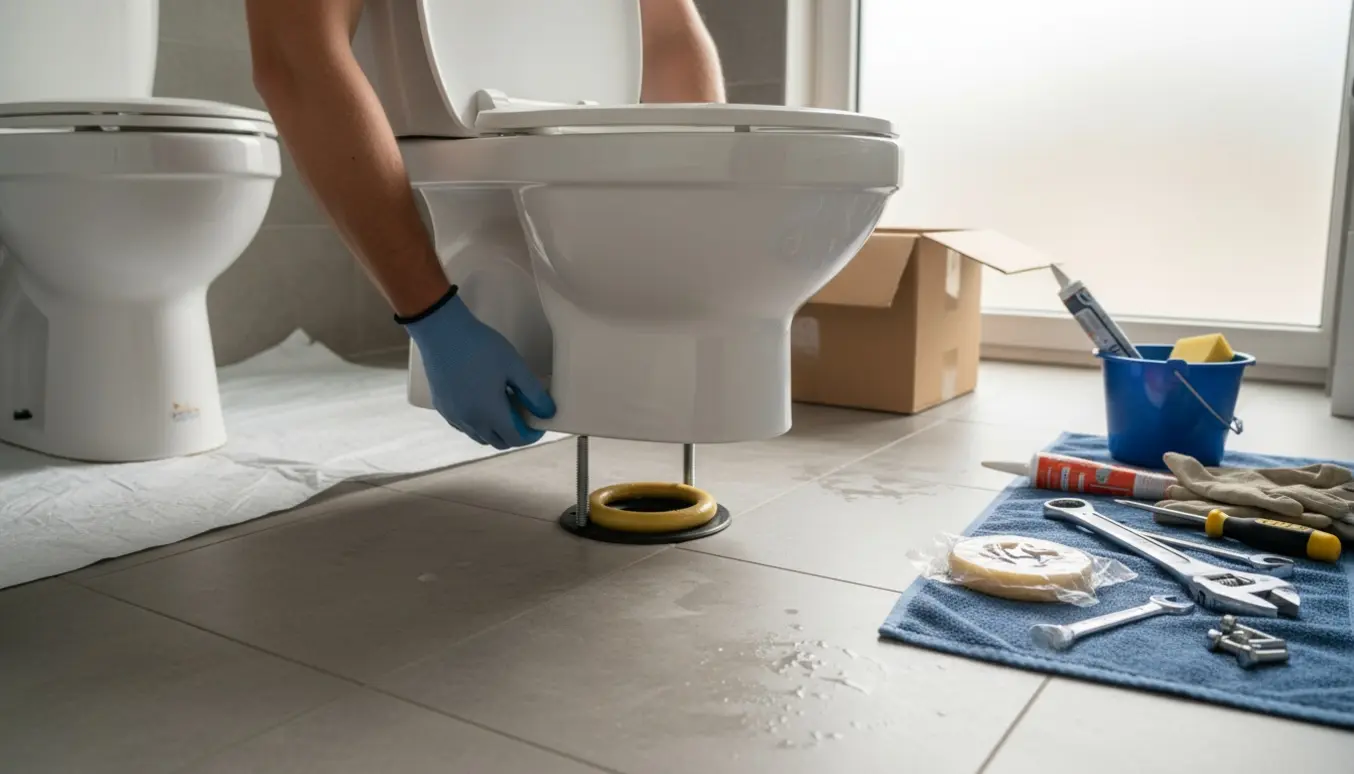 Hænder placerer et nyt gulstående toilet på flange med værktøj og emballage ved siden af.
