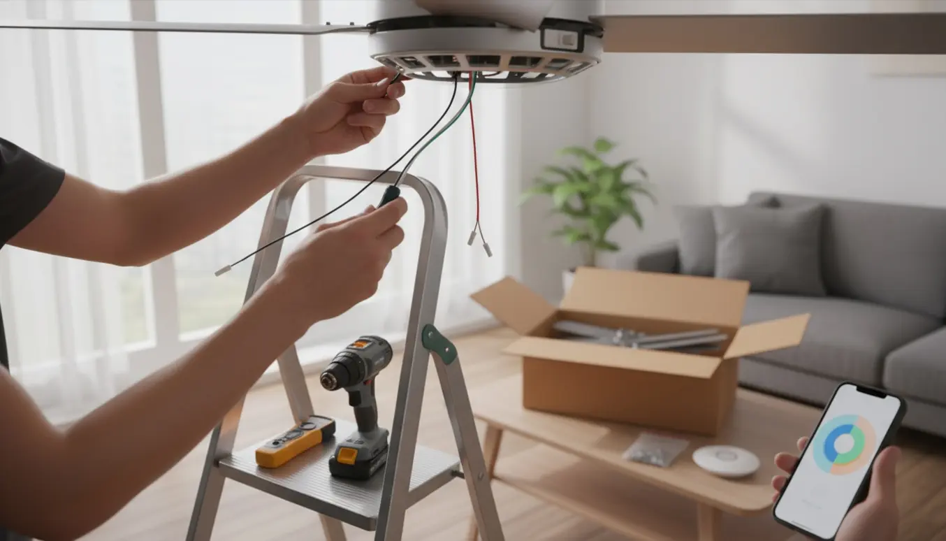 Hænder monterer en loftventilator med synlige ledninger, værktøj og en sløret smartphone med smart-home kontrol i en moderne stue.