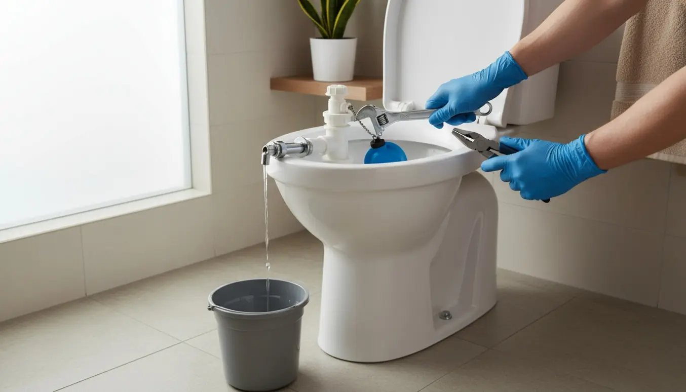 Nærbillede af en åben toiletcisterne med hænder, der justerer indvendige dele for at stoppe en løbende vandstrøm.