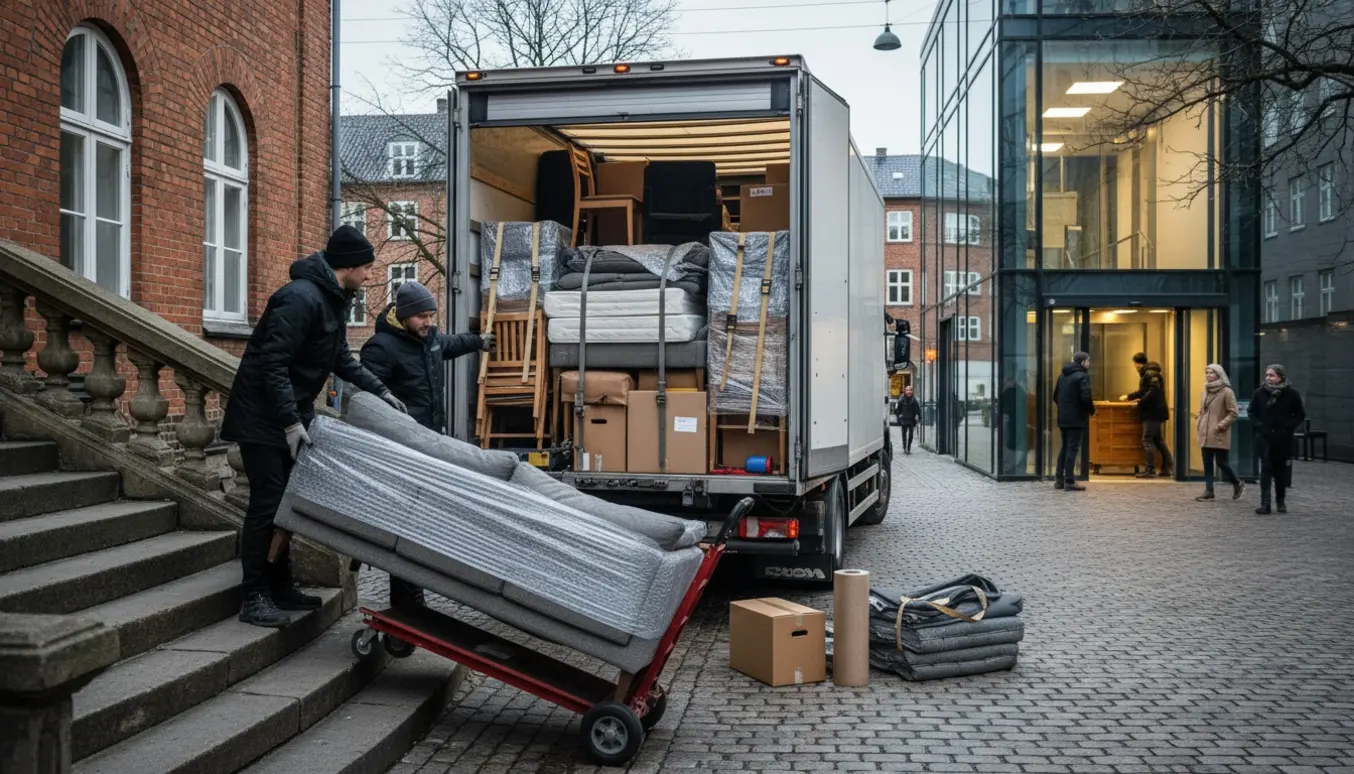 Flyttefolk bærer indpakkede møbler ned ad trappen til en stor flyttevogn med elevator synlig i baggrunden.