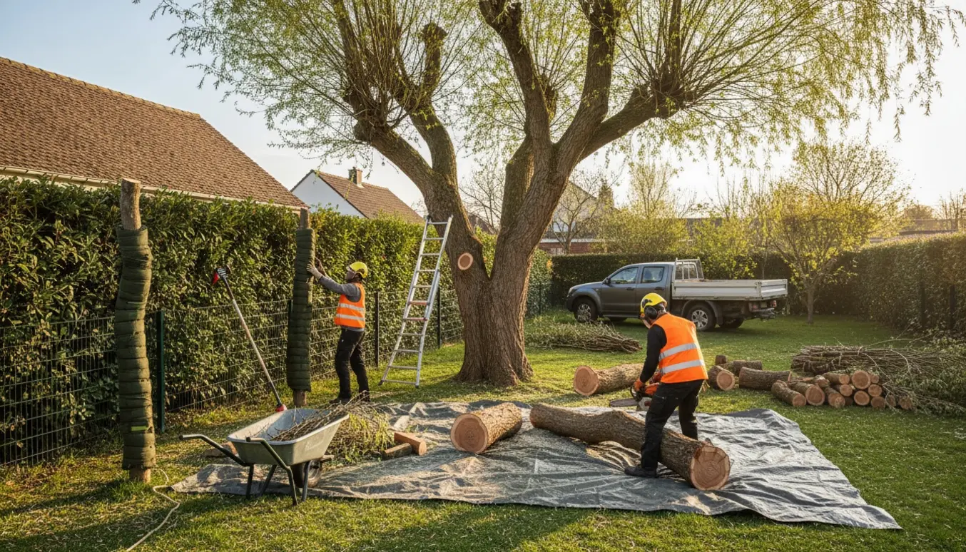 Arbejder fælder og samler grene fra en troldpil ved nabohækken, klar til bortkørsel.