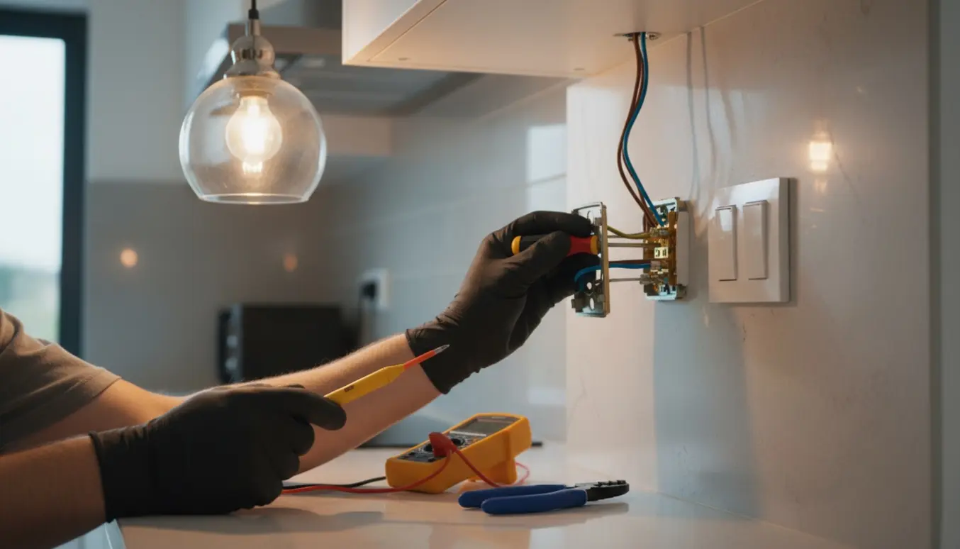 Elektriker undersøger to dimmerkontakter i et køkken med åben kontakt og værktøj i fokus.