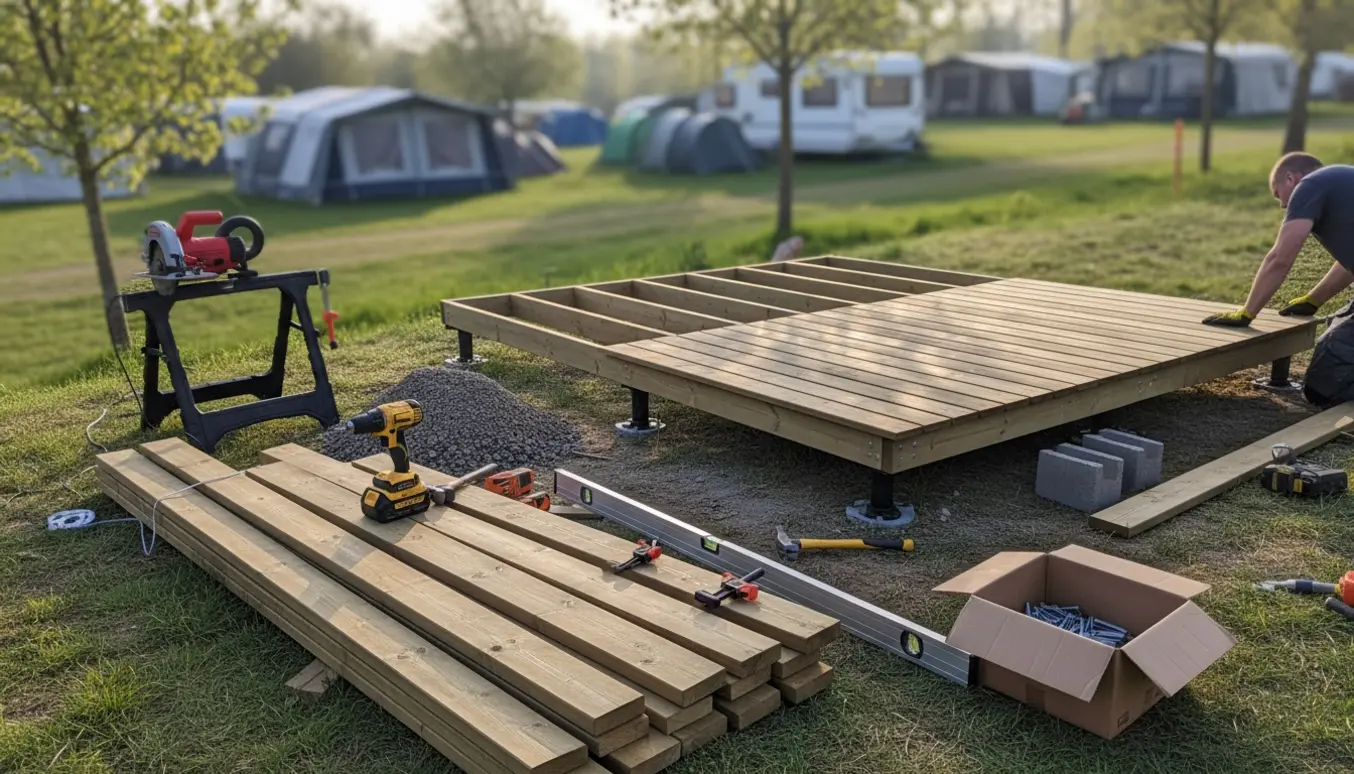 Delvist færdigbygget træterrasse på en skrånende campinggrund med værktøj og materialer klar.