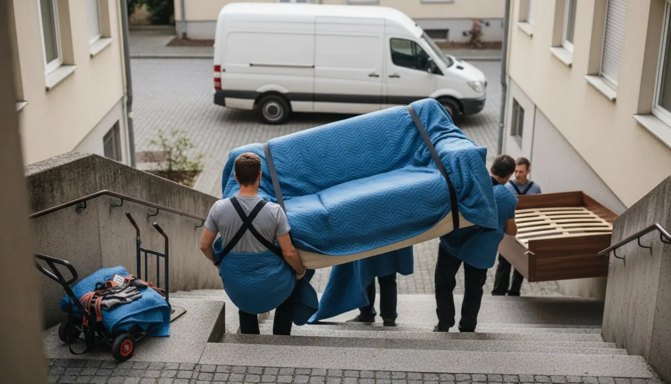 To flyttemænd bærer en seng og en sofa mellem to opgange uden elevator.