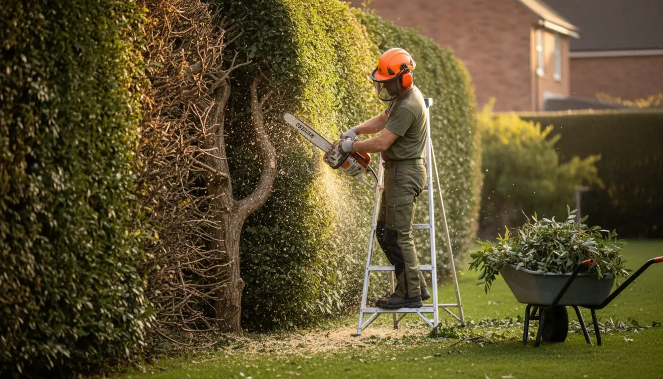 En person beskærer en hæk med motorsav i sollys, med nyklippede grene og savsmuld på græsset.