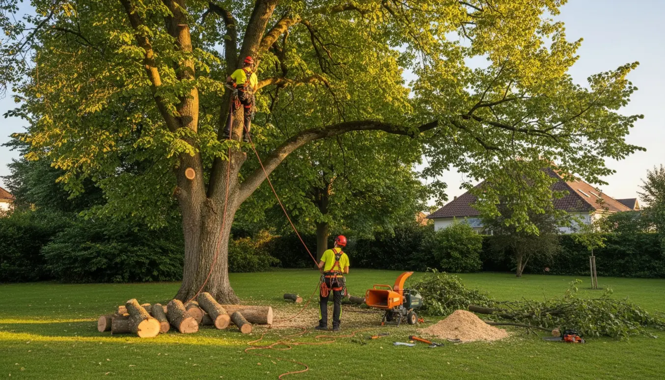 Arborist i sikkerhedsudstyr beskærer et stort lindetræ i en villahave, med afskårne grene og flis på græsset.
