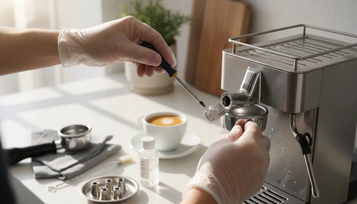 Hænder renser kalk fra en rustfri espressomaskines dyser med små værktøjer på et køkkenbord.