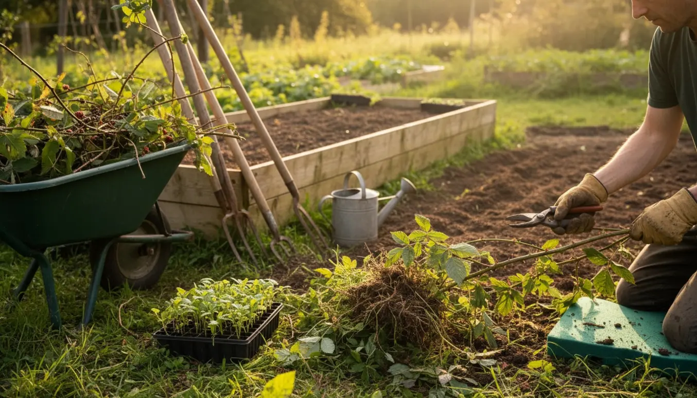 En havehjælper fjerner brombær og ukrudt i en overgroet køkkenhave med beskærersaks og trillebør.