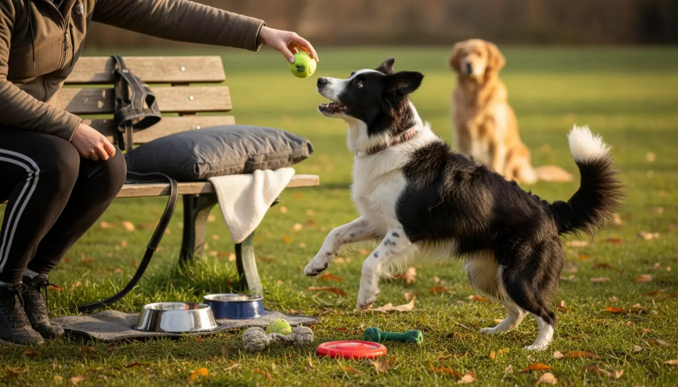En hundepasser leger med en glad border collie-labrador-blanding i en park omgivet af legetøj og plejeudstyr.