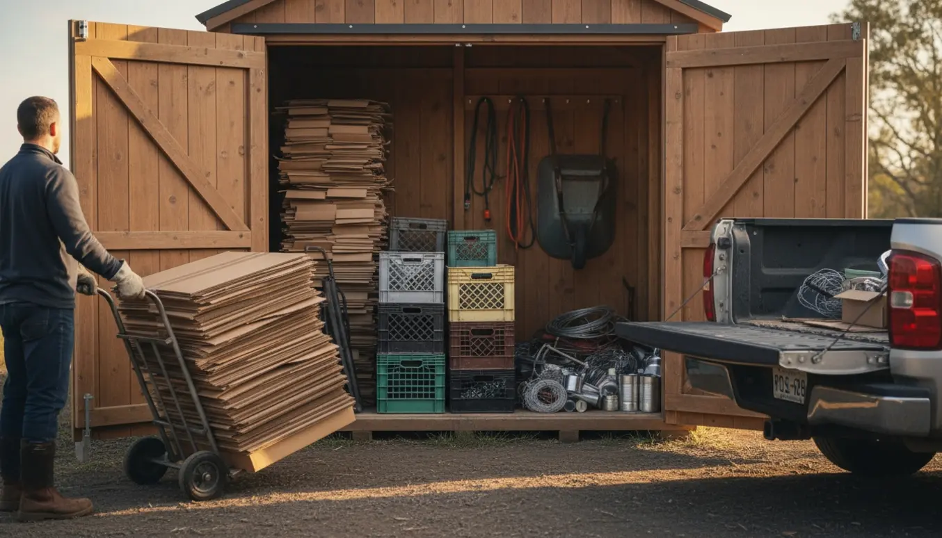 Person læsser og sorterer pap, plastik og jern i et åbent skur klar til afhentning.