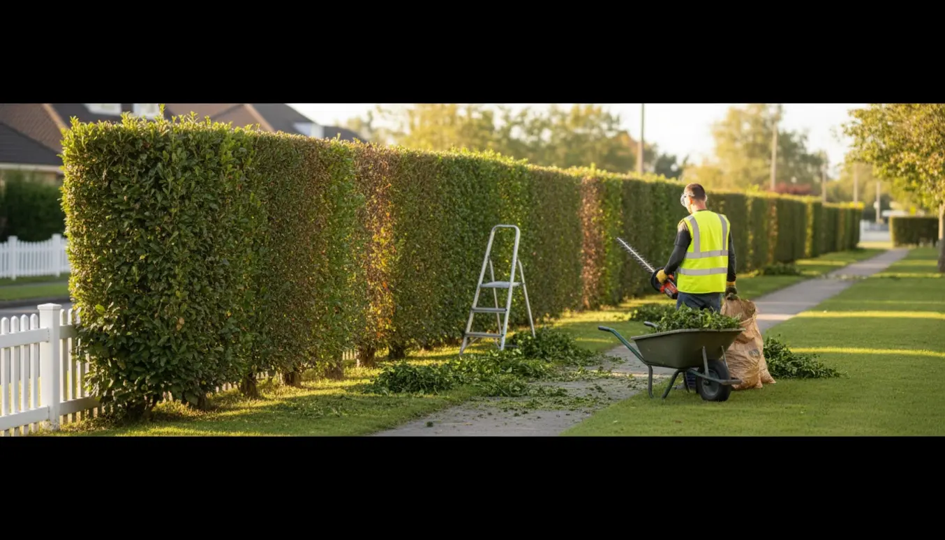 Lang række hække ved en bolig under professionel trimning med bunker af afklip og en trillebør klar til bortkørsel.