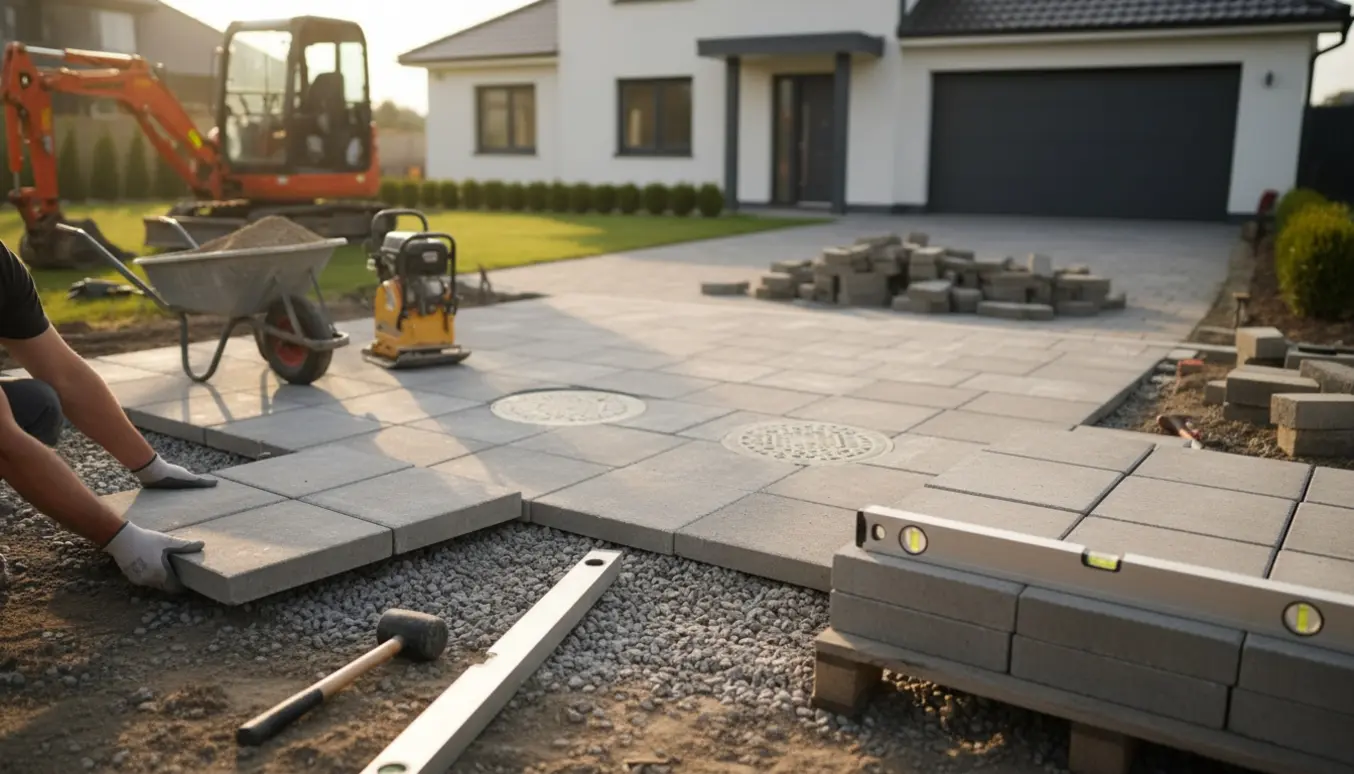 Indkørsel under renovering med store kvadratiske betonfliser, værktøj og bunker af gammel belægning.