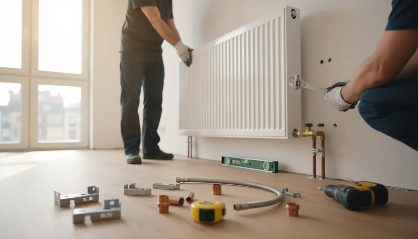 Hænder monterer en ny radiator på en nærliggende væg i et lyst rum.