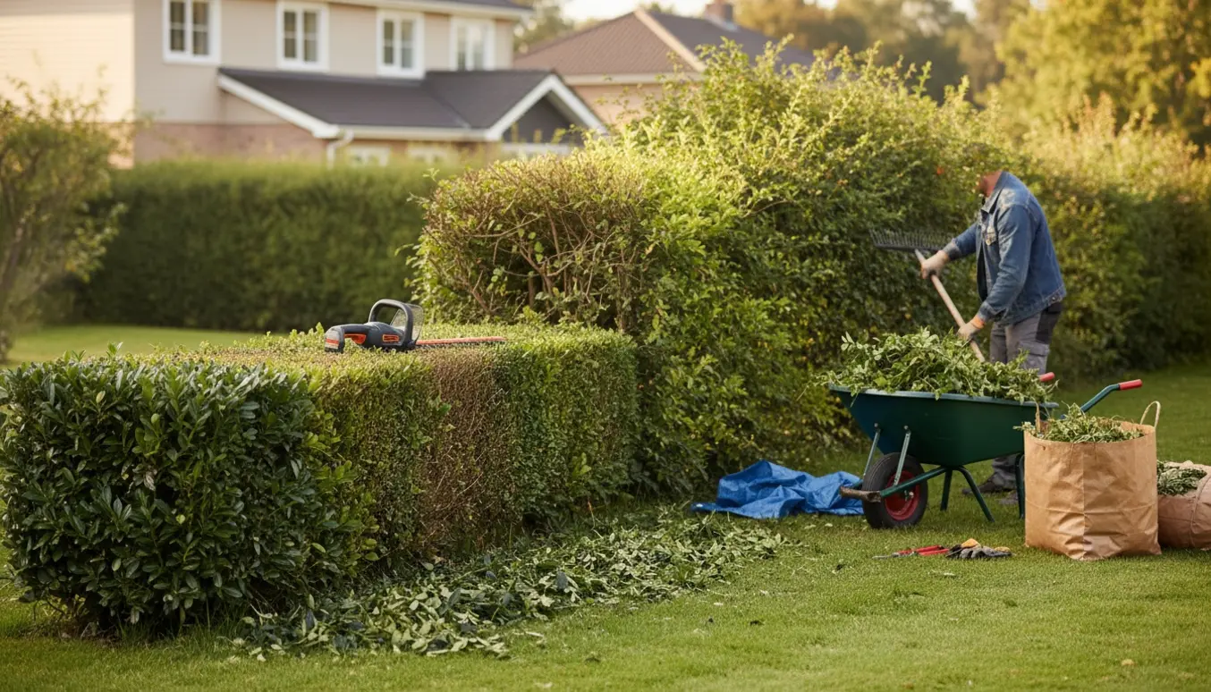 Lang liguster- og tjørnehæk ved et hus med friske afklip i en trillebør og haveredskaber klar til fjernelse.