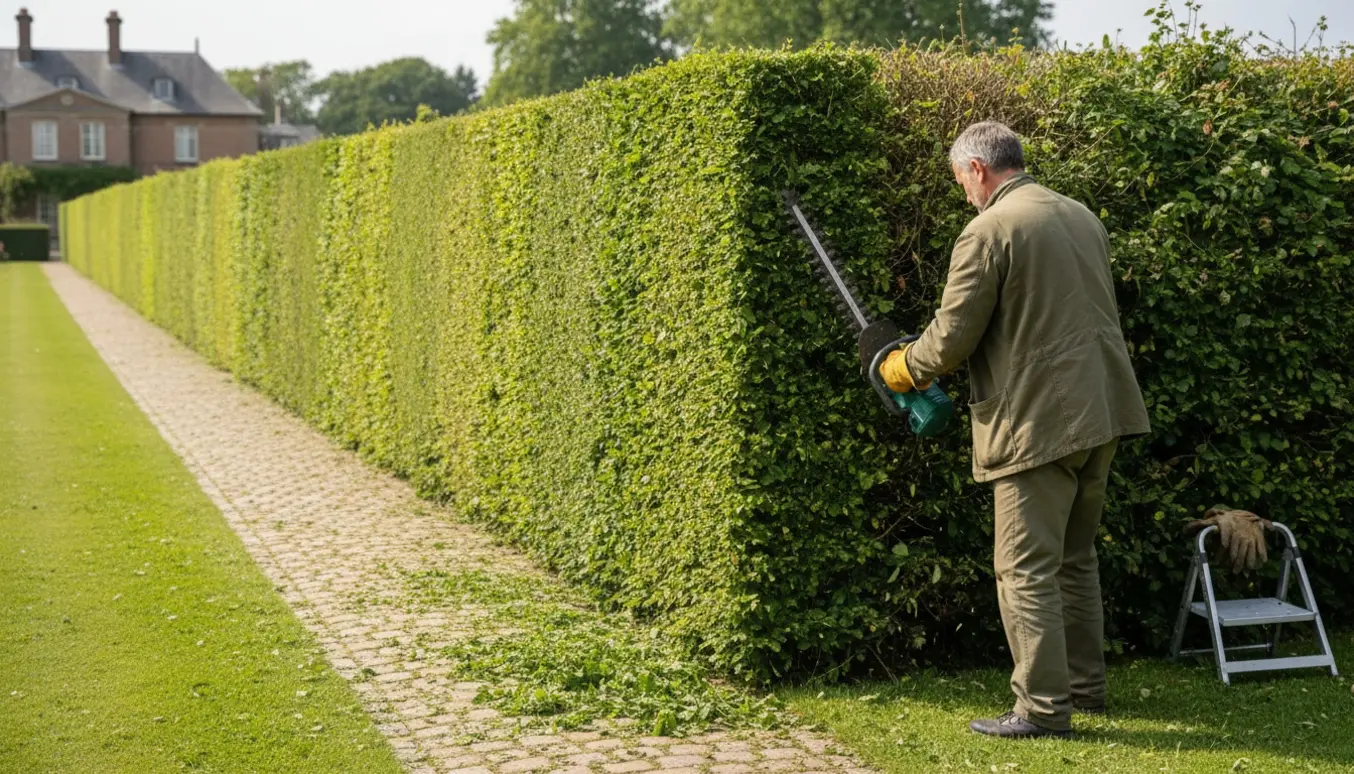 En person klipper den ene side af en lang hæk, med afklip liggende på græsset.