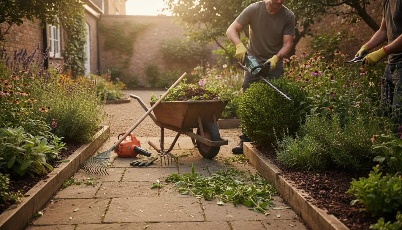 Udendørs oprydning og trimning i en gårdsplads med højbede, redskaber og en trillebør fyldt med beskårne grene.