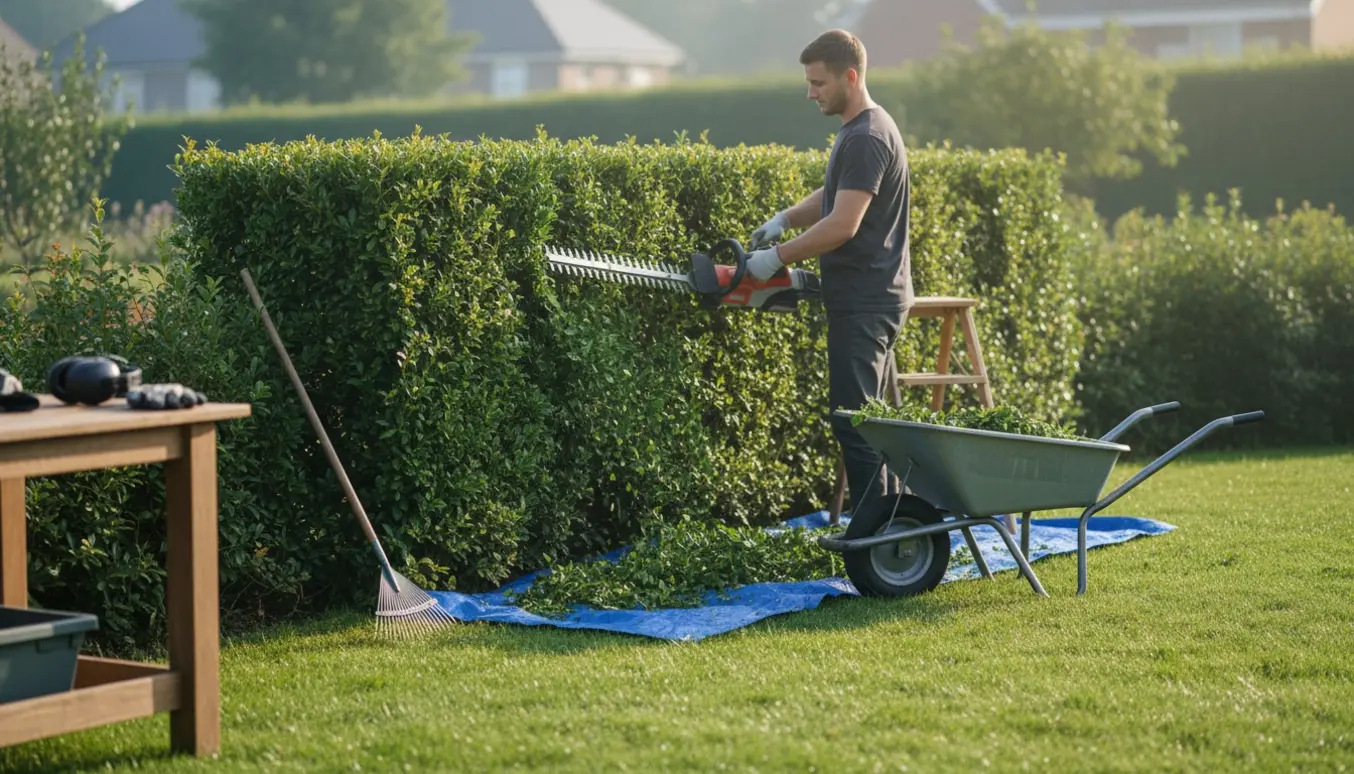 En person klipper en 5–6 år gammel hæk i en solbeskinnet forstadshave, med afklip samlet i en trillebør.