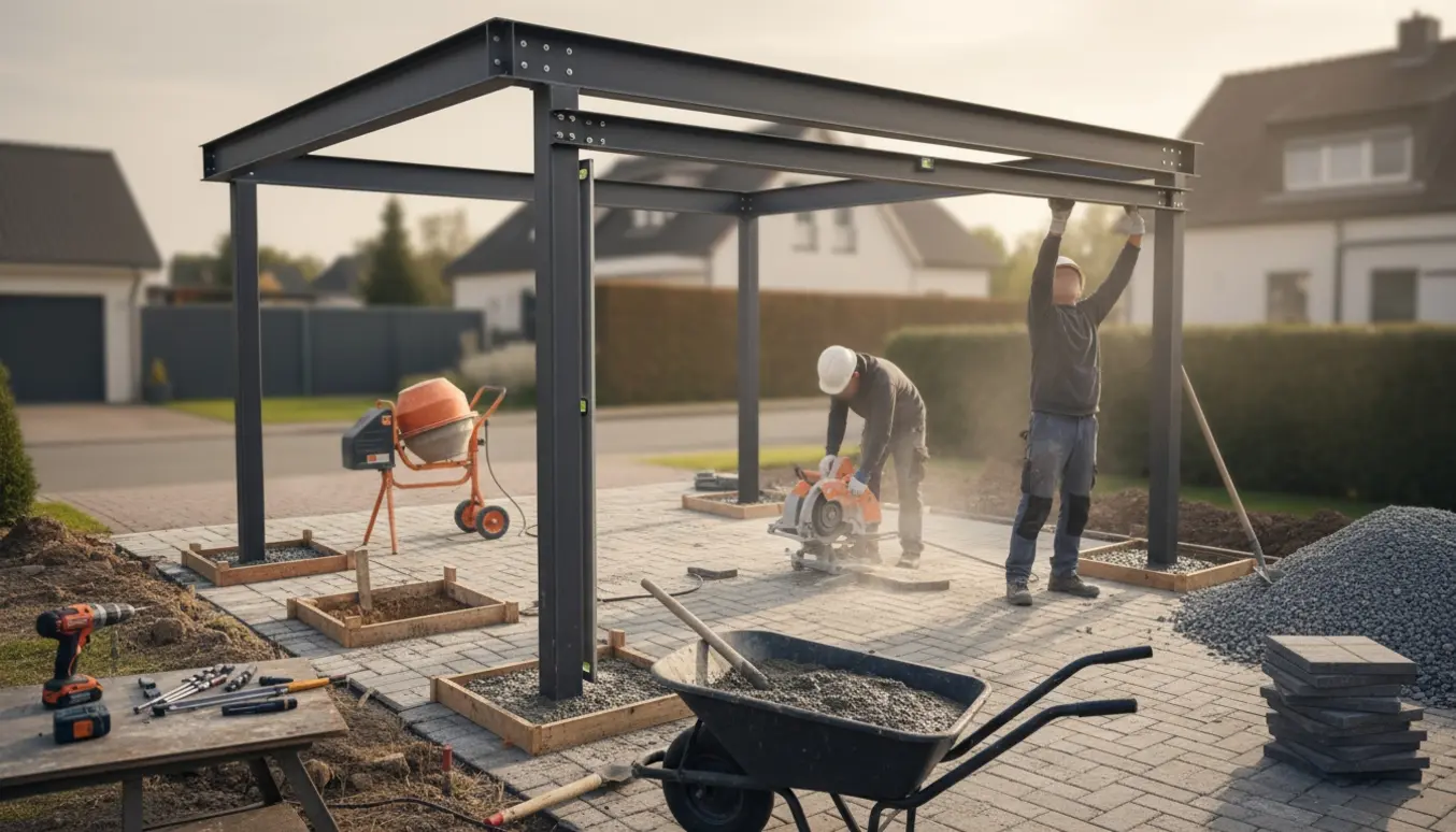 Opsætning af stålcarport med stolper støbt i beton og fliser tilskåret i indkørsel.