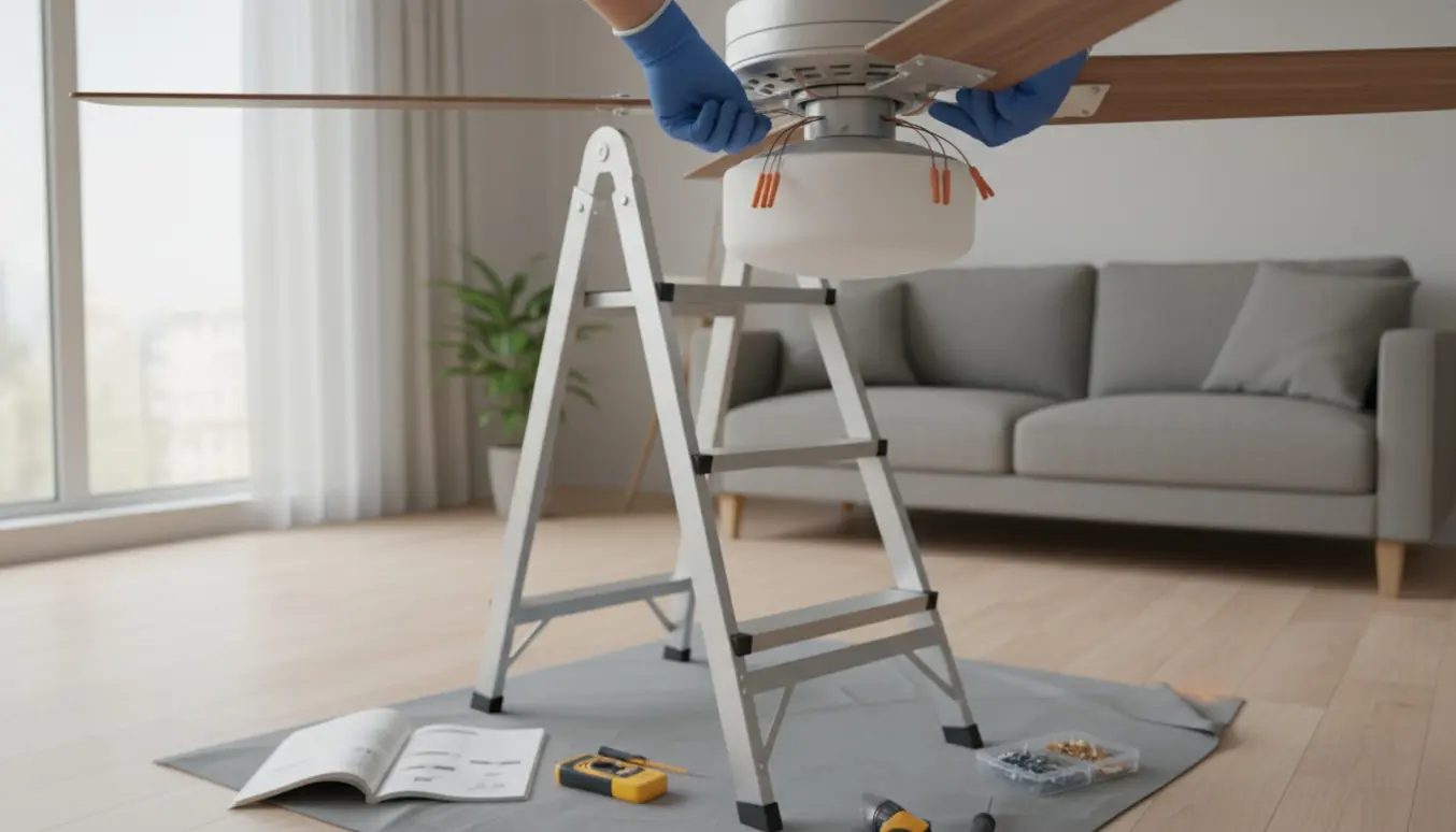 Hænder monterer loftsventilator med lampe på en stige i en lys stue.