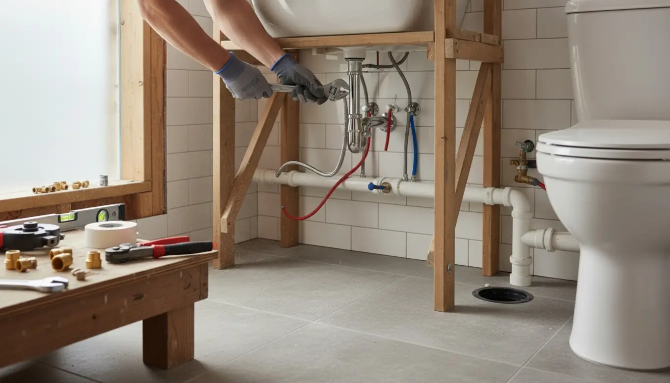 En håndværkers handsker tilslutter nye vand- og kloakrør under en delvist monteret håndvask i et badeværelse under renovering.