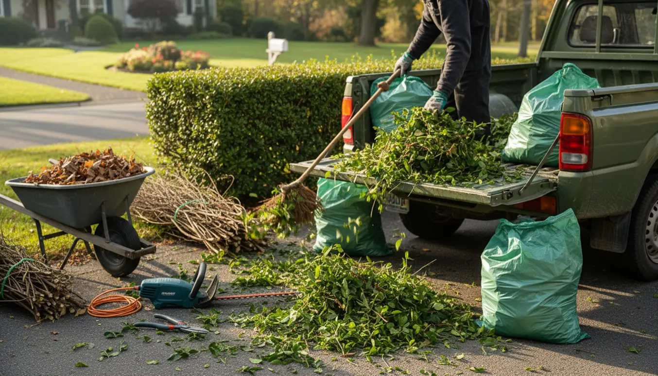 Hænder iført arbejdshandsker læsser hækafklip i en åben trailer ved en nyklippet hæk.